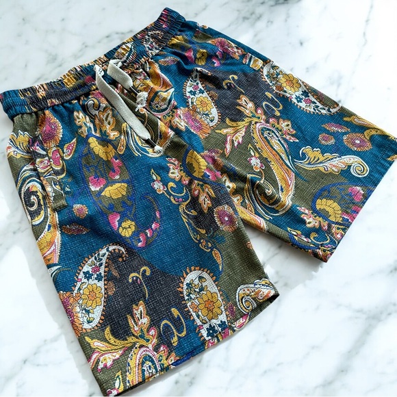 NWT Paisley Print Drawstring Shorts Blue Green Orange (Size M) - Picture 3 of 5
